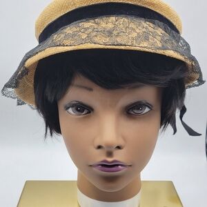 Vintage Saks Fifth Avenue Lace Straw Hay •Elegant • Black & Tan Women's